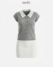 MELII Elise contrast-collar top in cloud grey, product-only view