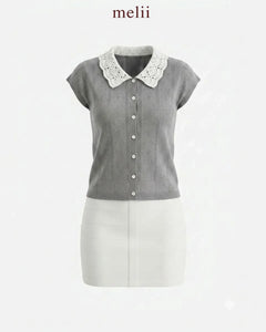 MELII Elise contrast-collar top in cloud grey, product-only view