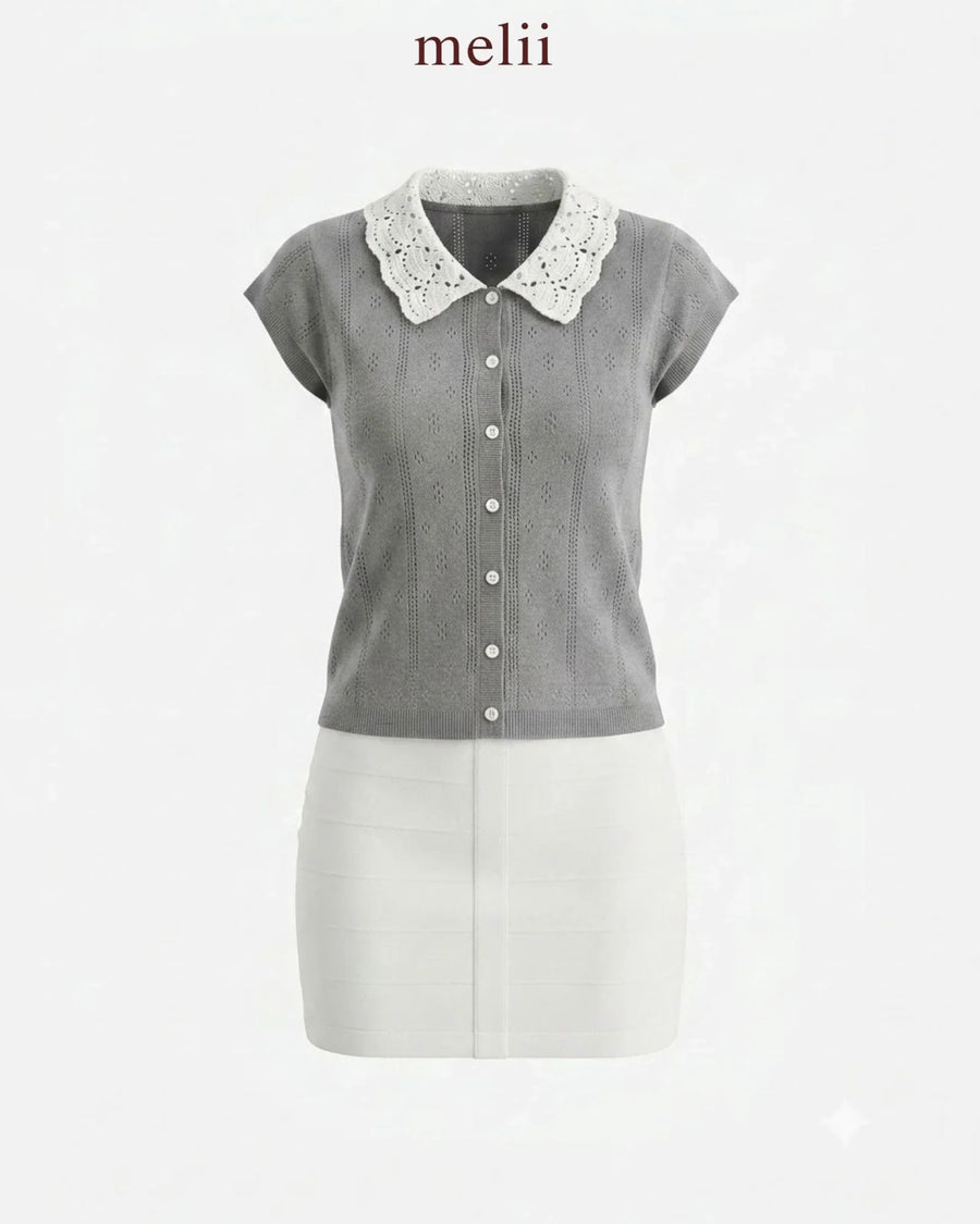 MELII Elise contrast-collar top in cloud grey, product-only view
