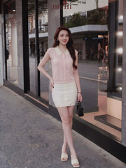 MELII blush pink lace-collar knit top, lifestyle front view