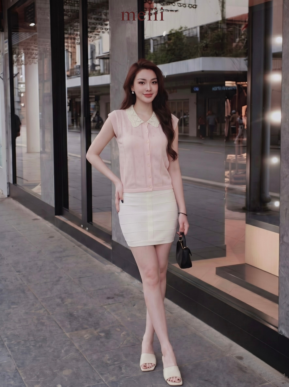 MELII blush pink lace-collar knit top, lifestyle front view