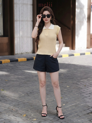 MELII butter yellow contrast-collar knit top, lifestyle front view