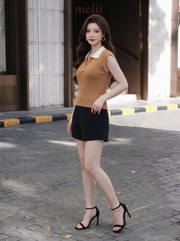 MELII cocoa contrast-collar knit top with zip neckline, lifestyle front view