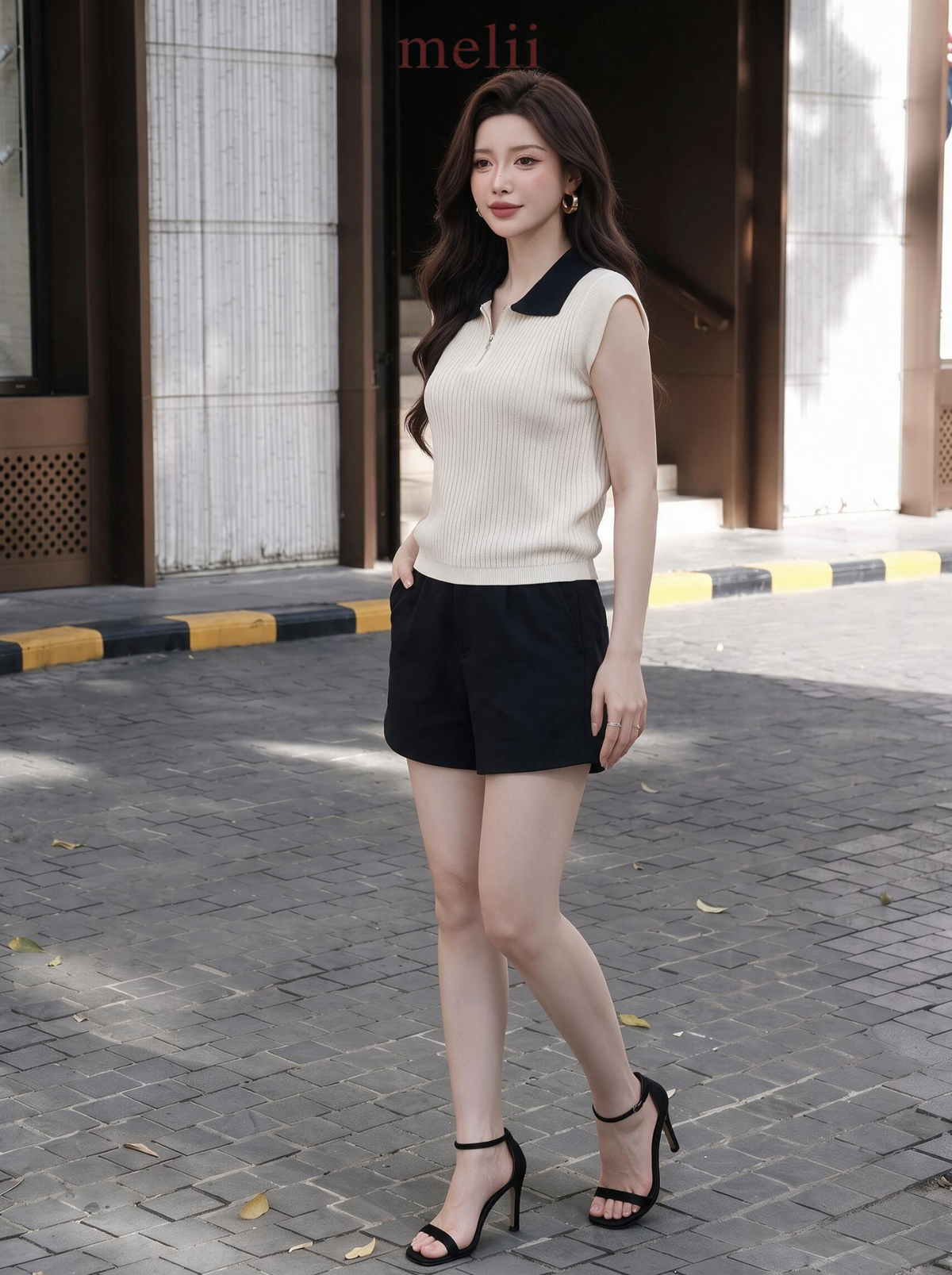 MELII ivory and black contrast-collar knit top with zip neckline, lifestyle front view