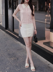 MELII blush pink lace-collar knit top, closer lifestyle view