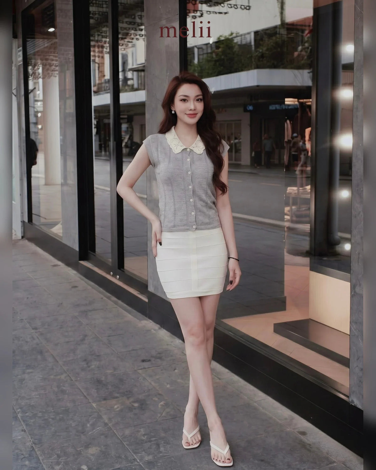 MELII Elise contrast-collar top in cloud grey, front model view
