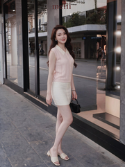 MELII blush pink lace-collar knit top, lifestyle side view