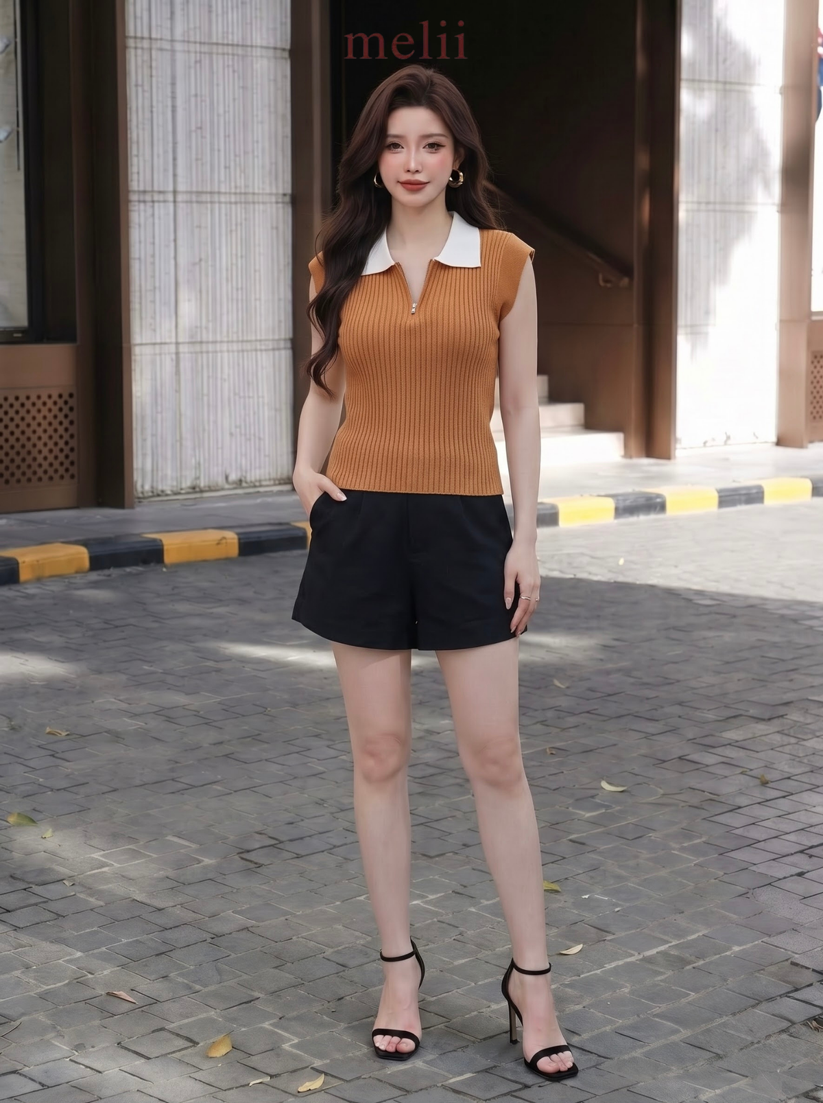 MELII cocoa contrast-collar knit top with zip neckline, closer lifestyle view
