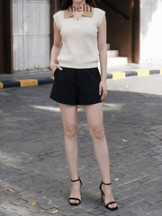 MELII ivory and sand contrast-collar knit top with zip neckline, alternate lifestyle view