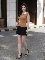 MELII cocoa contrast-collar knit top with zip neckline, lifestyle side view