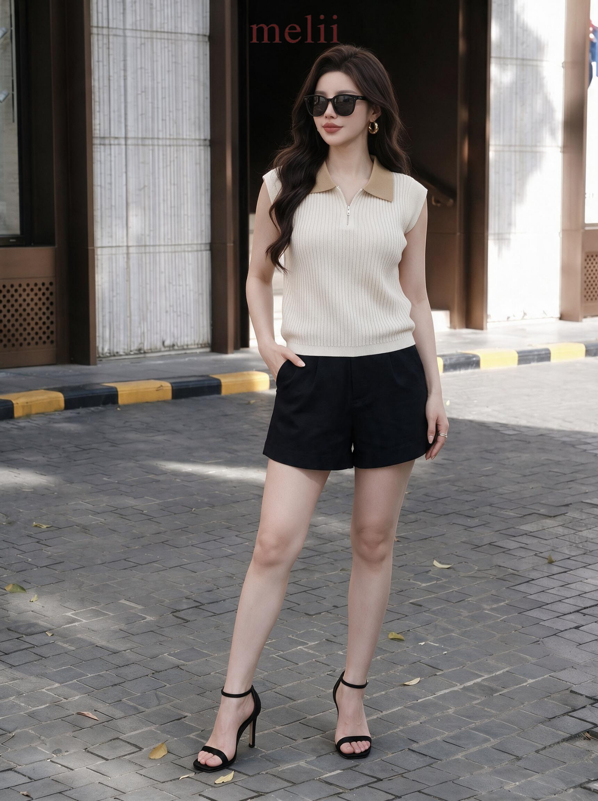 MELII ivory and sand contrast-collar knit top with zip neckline, lifestyle side view