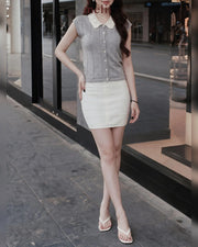 MELII Elise contrast-collar top in cloud grey, garment detail view