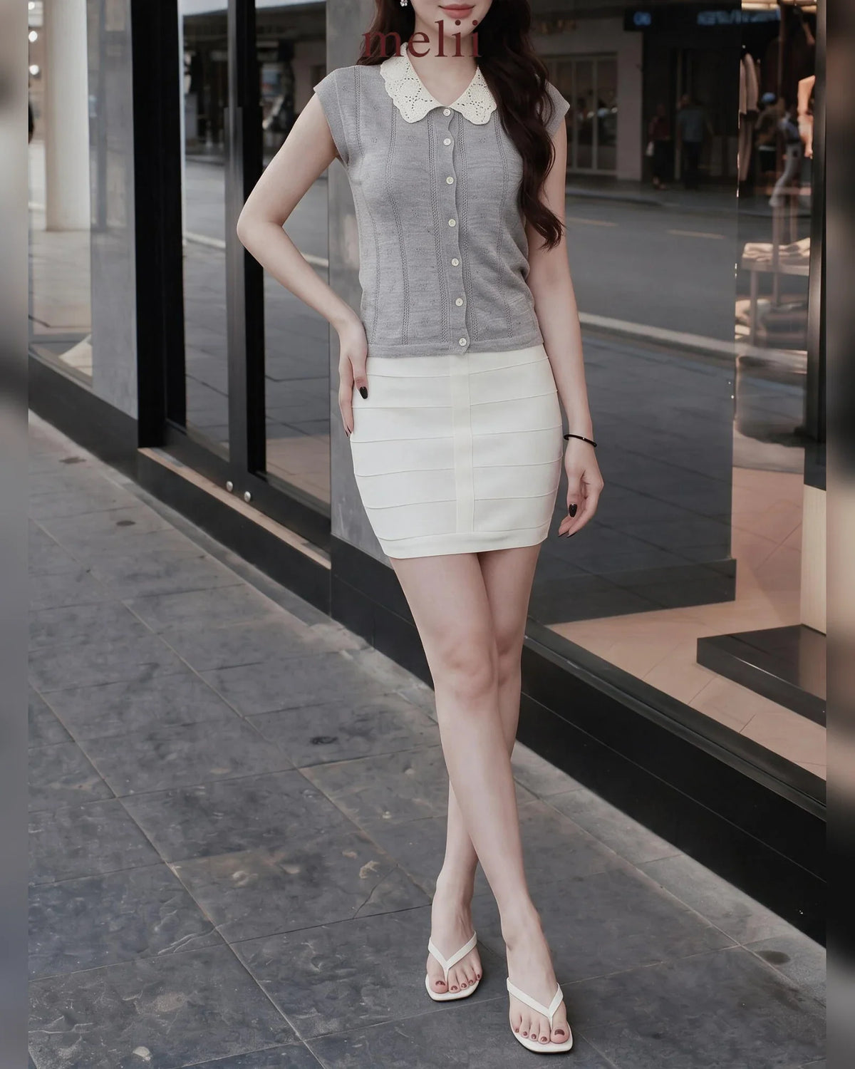 MELII Elise contrast-collar top in cloud grey, garment detail view