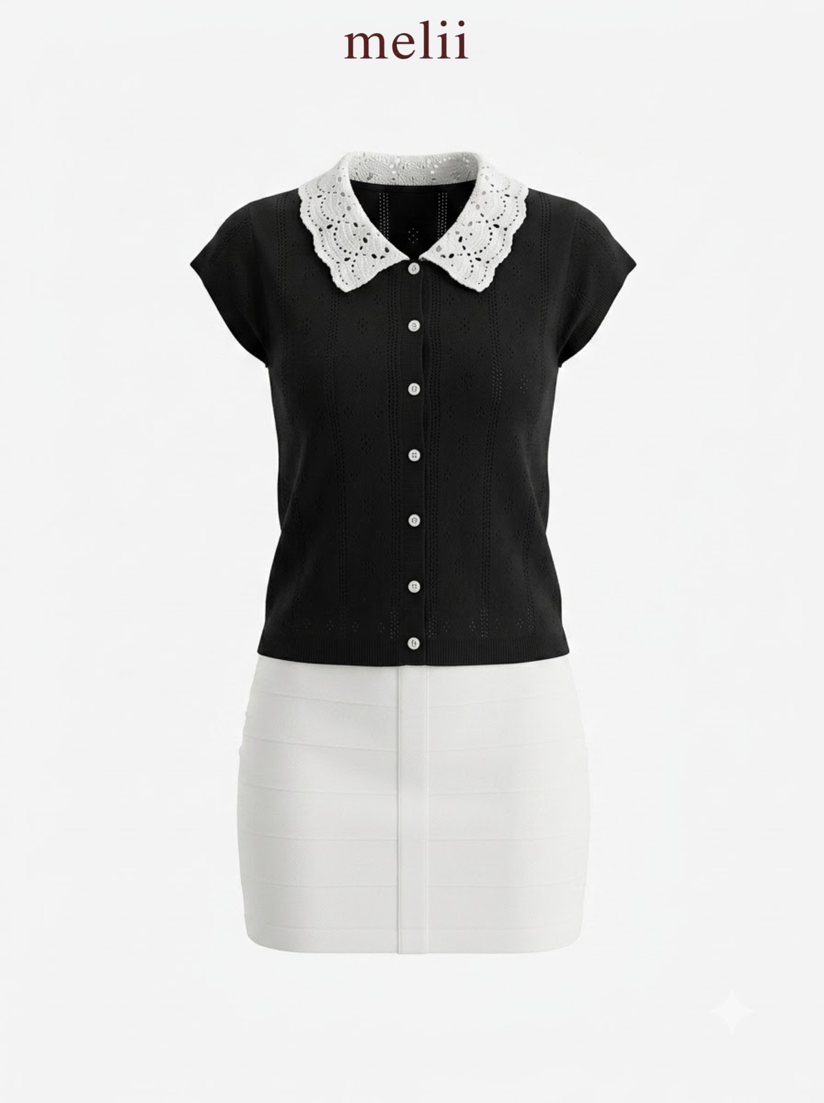 MELII black knit top with white lace collar, product-only view