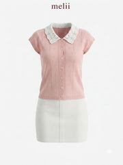 MELII blush pink lace-collar knit top, product-only view
