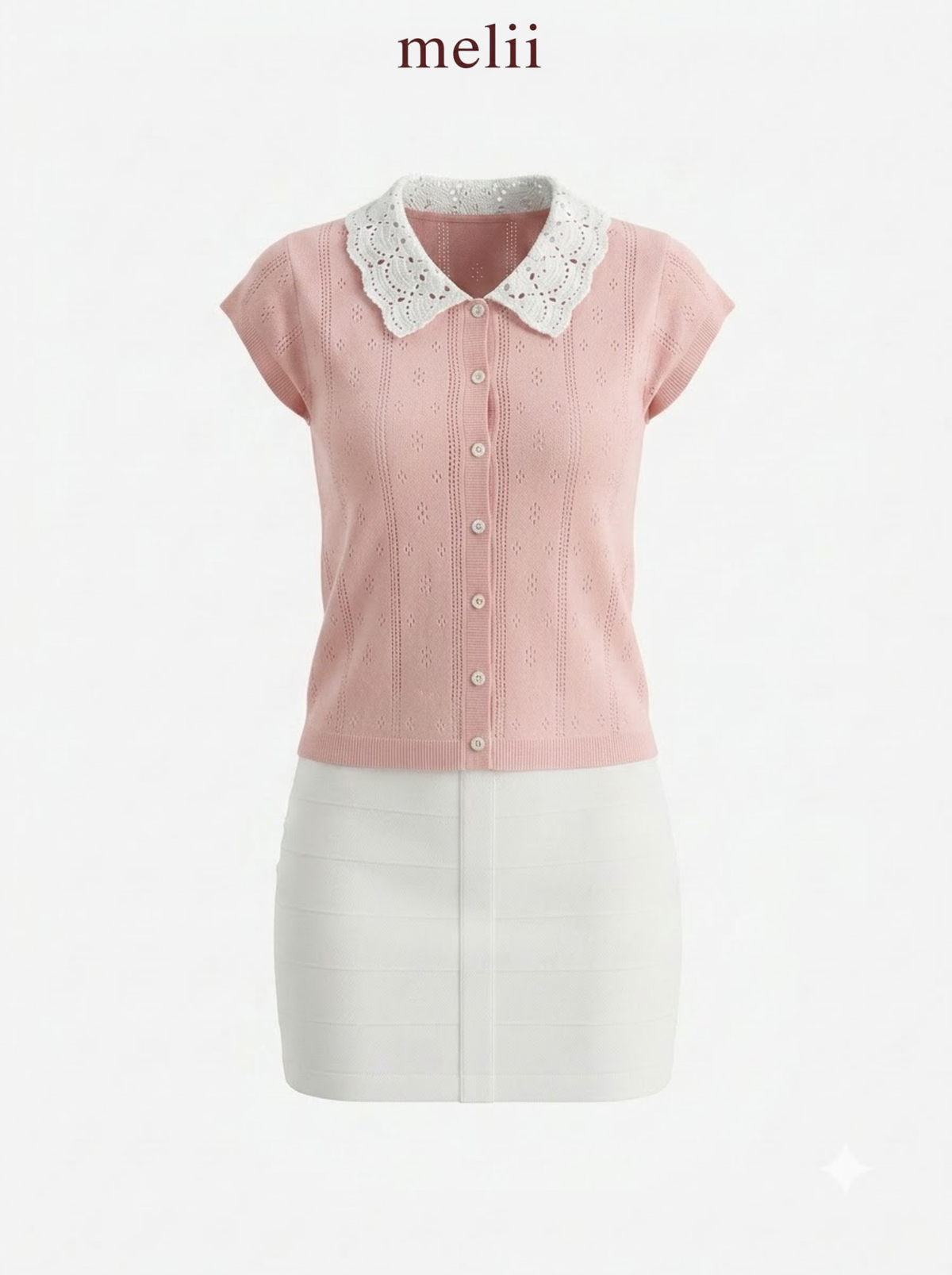 MELII blush pink lace-collar knit top, product-only view