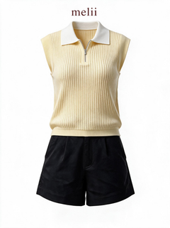 MELII butter yellow contrast-collar knit top, product-only view