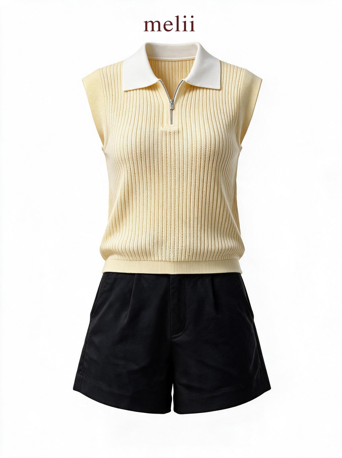 MELII butter yellow contrast-collar knit top, product-only view