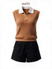 MELII cocoa contrast-collar knit top with zip neckline, product-only view
