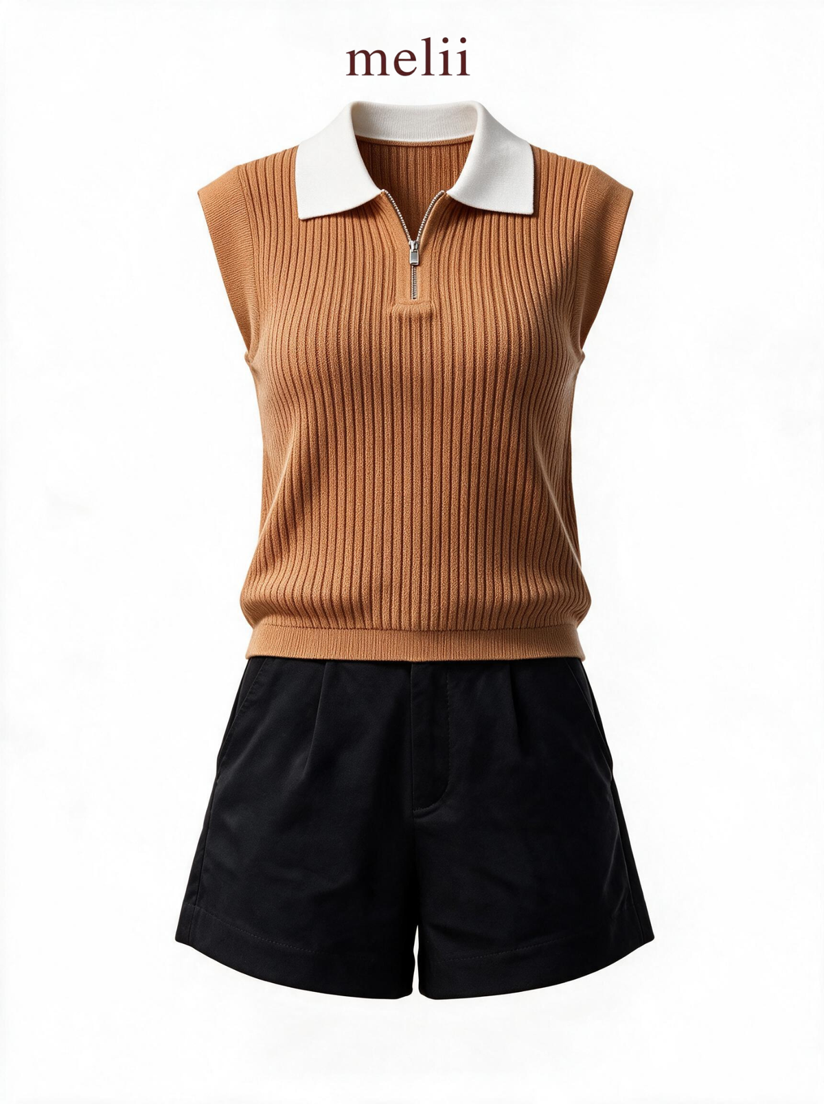 MELII cocoa contrast-collar knit top with zip neckline, product-only view