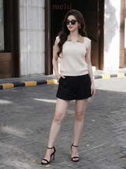 MELII ivory and black contrast-collar knit top with zip neckline, alternate styled view