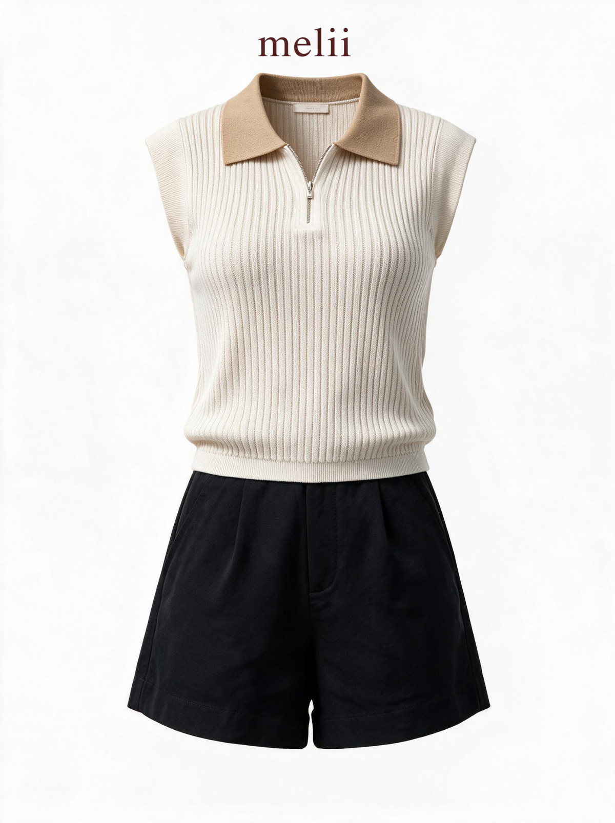 MELII ivory and sand contrast-collar knit top with zip neckline, product-only view