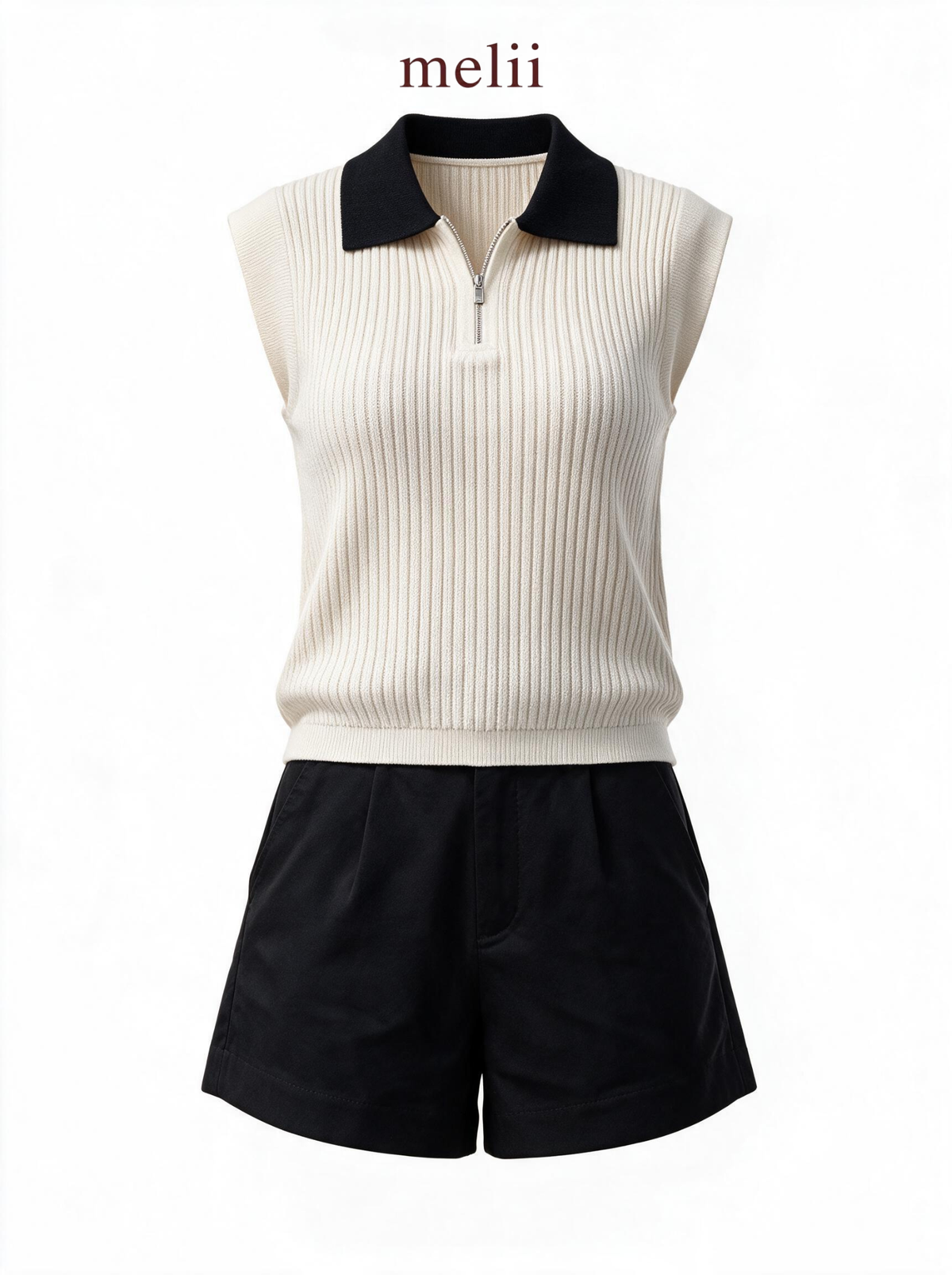 MELII ivory and black contrast-collar knit top with zip neckline, product-only view