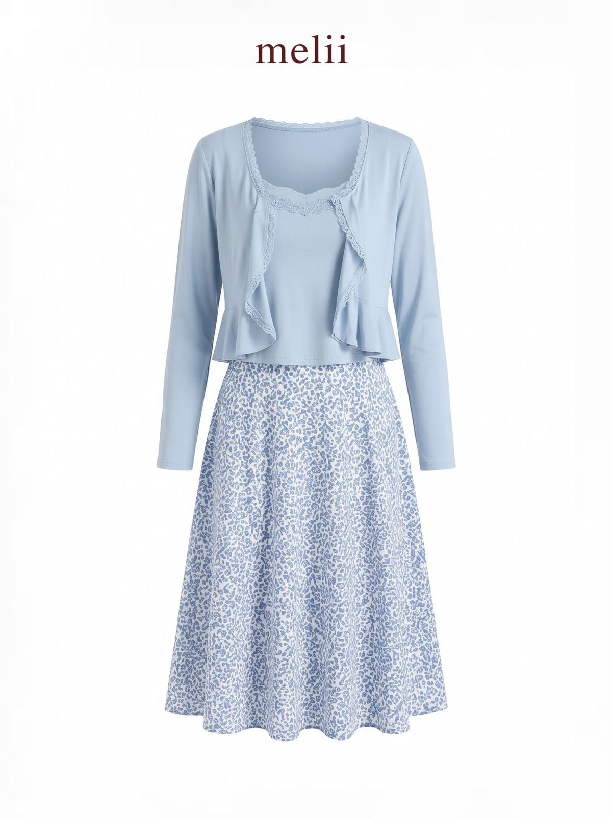 Adeline Three-Piece Cardigan Set in Powder Blue, product-only front view