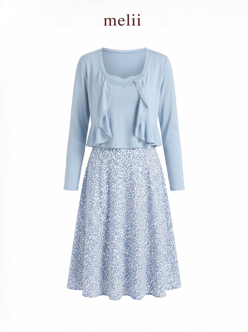 Adeline Three-Piece Cardigan Set in Powder Blue, product-only front view