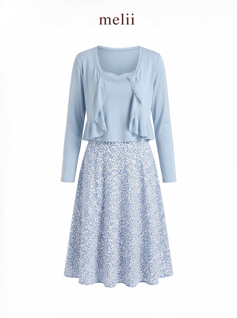 Adeline Three-Piece Cardigan Set in Powder Blue, product-only front view