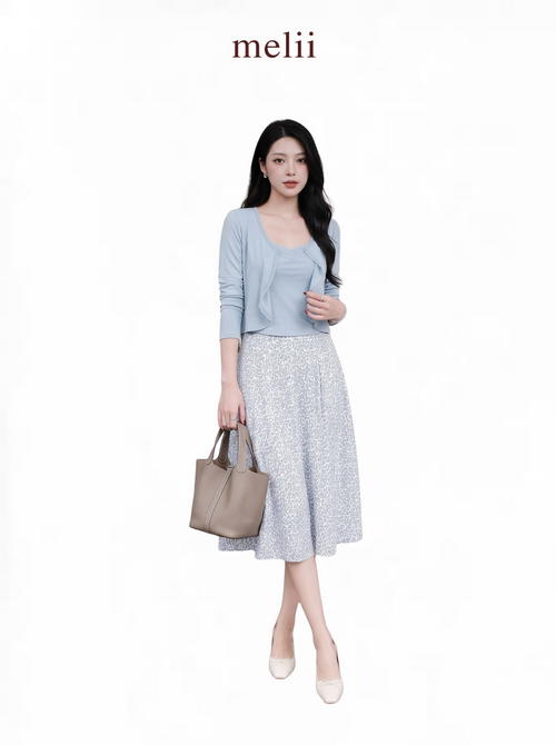 Adeline Three-Piece Cardigan Set in Powder Blue, full-length white background model view