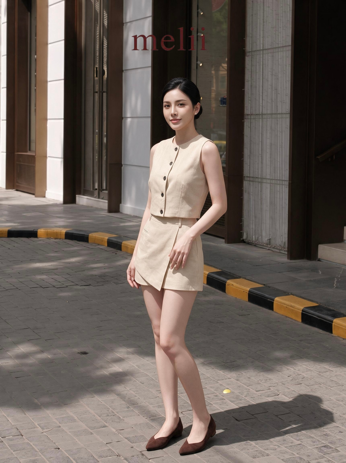 Avery Button-Front Vest & Skort Set in Natural Oat, angled model view