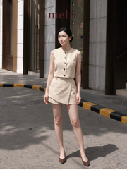 Avery Button-Front Vest & Skort Set in Natural Oat, front model view