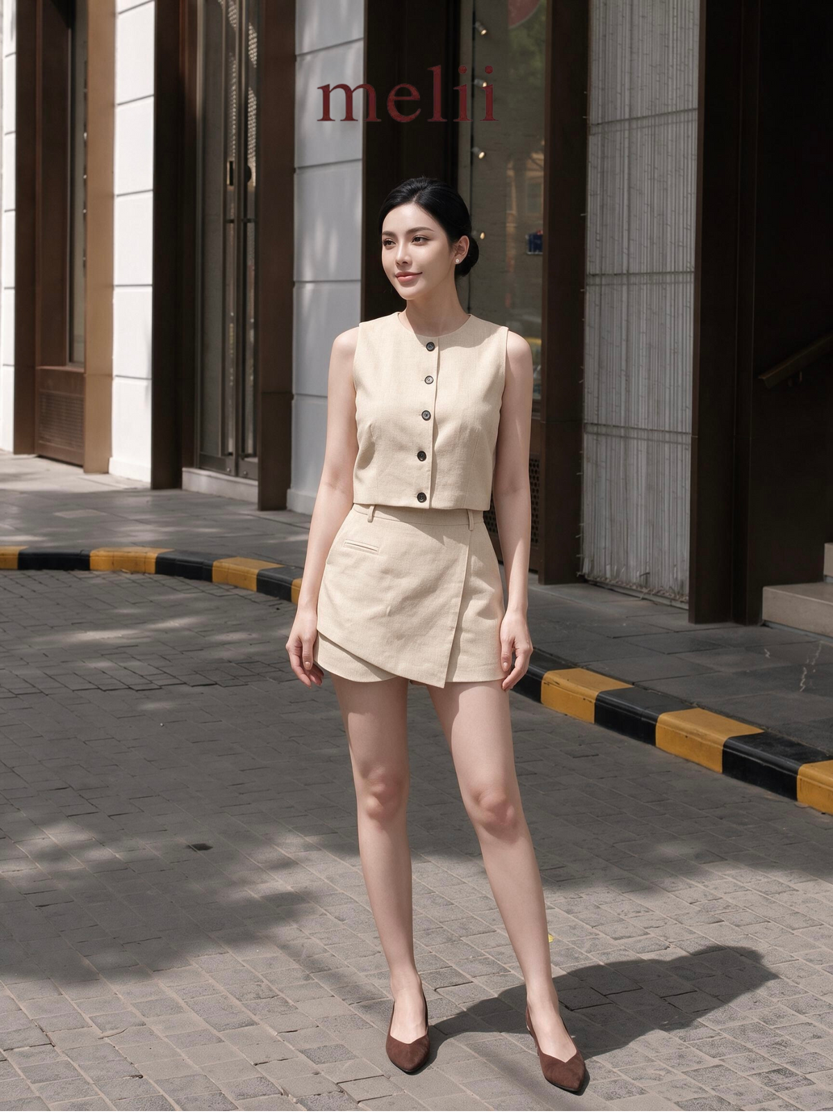 Avery Button-Front Vest & Skort Set in Natural Oat, front model view