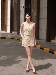Avery Button-Front Vest & Skort Set in Natural Oat, walking model view