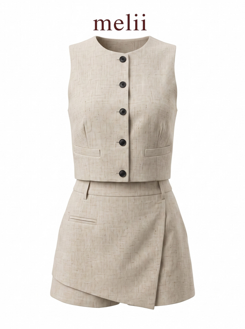 Avery Button-Front Vest & Skort Set in Natural Oat, product-only view