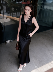 MELII Celeste Pearl Silk Set in Black, full-length model view photographed from a high angle