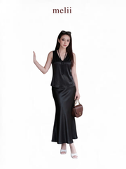MELII Celeste Pearl Silk Set in Black, full-length model view on a white background