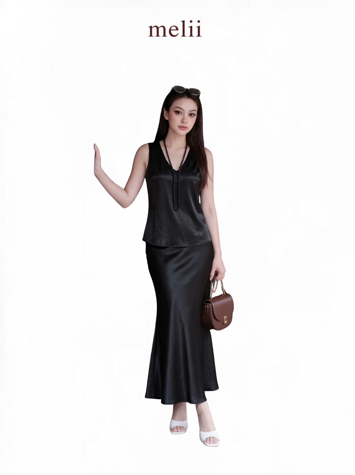 MELII Celeste Pearl Silk Set in Black, full-length model view on a white background