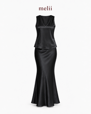 MELII Celeste Pearl Silk Set in Black, product-only front view of the sleeveless V-neck top and matching mermaid skirt