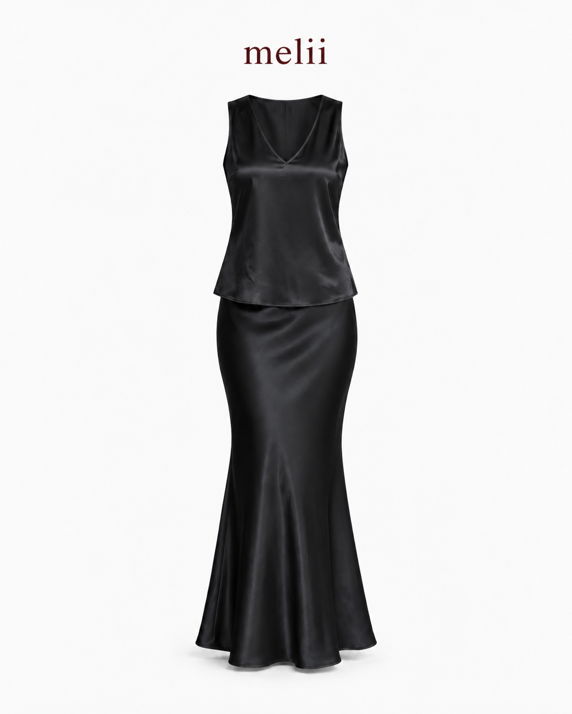 MELII Celeste Pearl Silk Set in Black, product-only front view of the sleeveless V-neck top and matching mermaid skirt