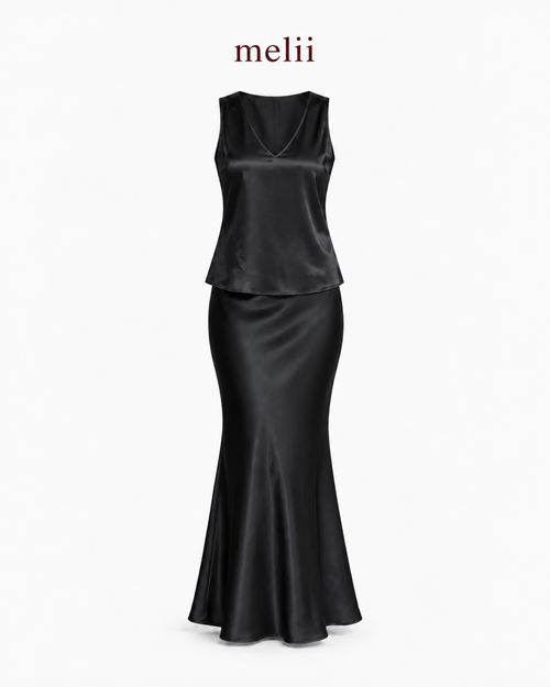 MELII Celeste Pearl Silk Set in Black, product-only front view of the sleeveless V-neck top and matching mermaid skirt