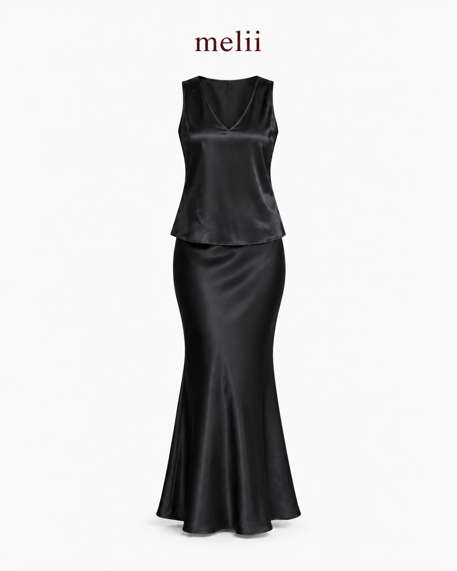 MELII Celeste Pearl Silk Set in Black, product-only front view of the sleeveless V-neck top and matching mermaid skirt