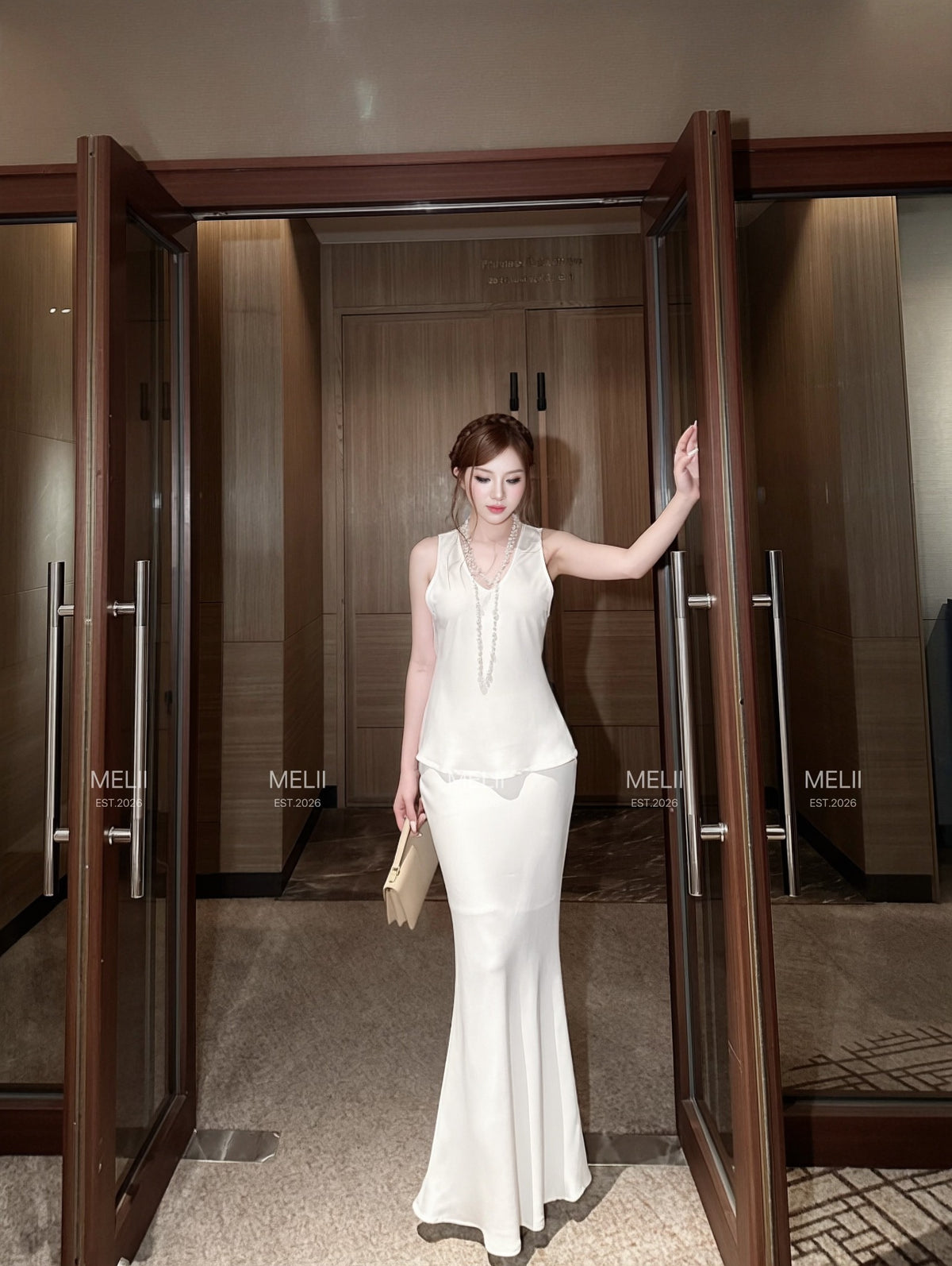 MELII Celeste pearl silk set in white, full-length view