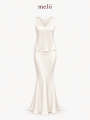 MELII Celeste Pearl Silk Set – White, sleeveless V-neck top and matching mermaid skirt, product-only view