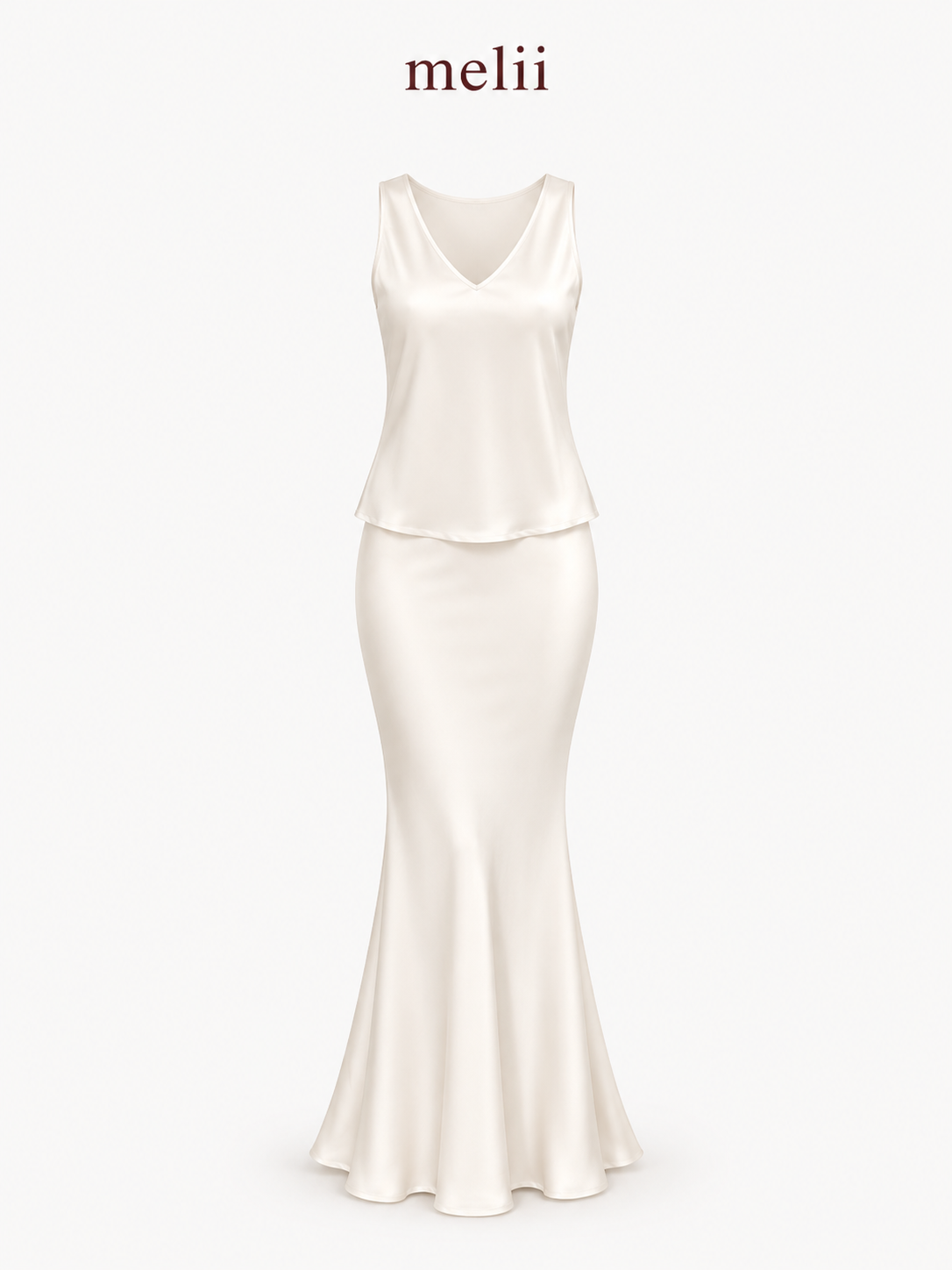 MELII Celeste Pearl Silk Set – White, sleeveless V-neck top and matching mermaid skirt, product-only view