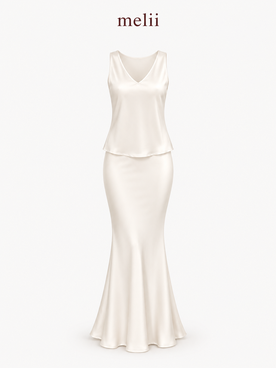 MELII Celeste Pearl Silk Set – White, sleeveless V-neck top and matching mermaid skirt, product-only view