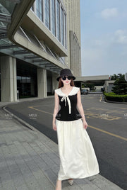 Elodie Sailor-Tie Top and Flowing Maxi Skirt Set in Noir and Ivory, alternate real model view