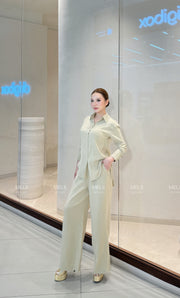 Liora Premium Linen Set in Natural Oat, full-length real model view