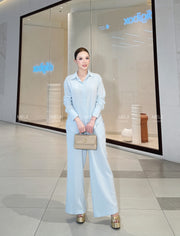 Liora Premium Linen Set in Powder Blue, full-length real model view